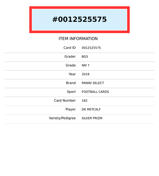 2019 SELECT D. K. METCALF #182 PRIZMS SILVER ROOKIE RC BGS 7 NM 0012525575