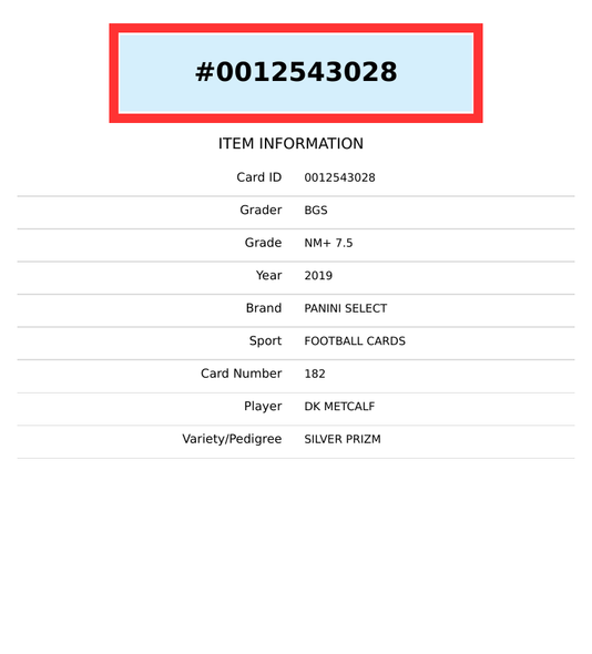 2019 SELECT D. K. METCALF #182 PRIZMS SILVER ROOKIE RC BGS 7.5 NM+ 0012543028