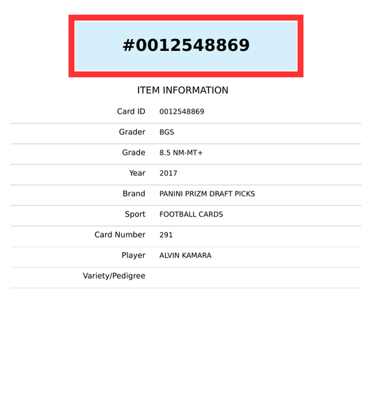 2017 PANINI PRIZM ALVIN KAMARA #291 N. O. SAINTS ROOKIE RC BGS 8.5 0012548869
