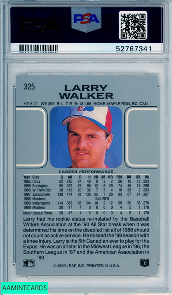 1990 LEAF LARRY WALKER #325 ROOKIE HOF MONTREAL EXPOS RC PSA 8 NM-MT 52767341