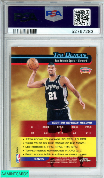 1998 TOPPS CHROME TIM DUNCAN #SB26 SEASON S BEST-REFRACTOR SPURS HOF PSA 9 MINT 52767283