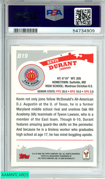 2006 TOPPS MCDONALDS ALL AMERICAN KEVIN DURANT ALL AMERICAN #B19 PSA MINT 9 54734909