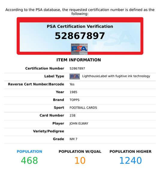 1985 TOPPS JOHN ELWAY #238 HOF DENVER BRONCOS PSA 7 NM 52867897