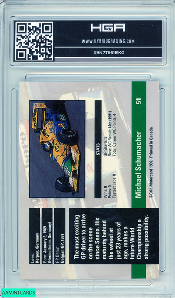 1992 GRID MOTORCARD MICHAEL SCHUMACHER #51 FORMULA ONE ROOKIE RC HGA 9 MINT 9N7T661EKG