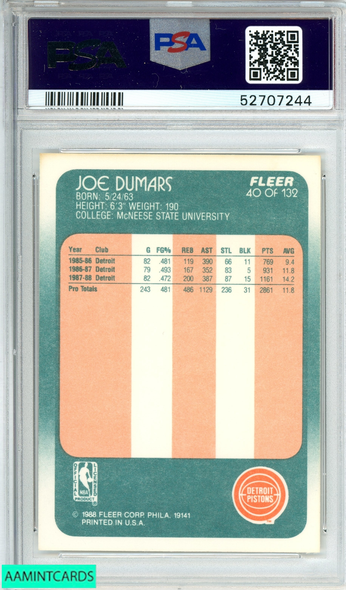 1988 FLEER JOE DUMARS #40 DETROIT PISTONS PSA 9 MINT 52707244