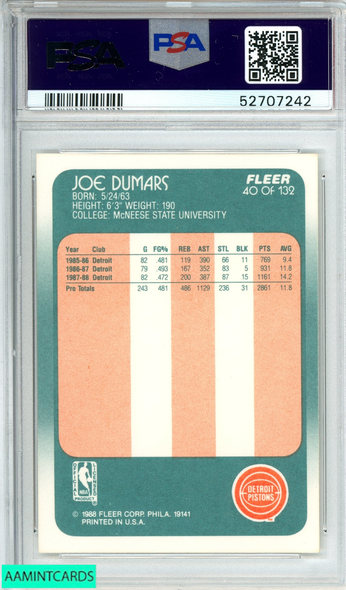 1988 FLEER JOE DUMARS #40 DETROIT PISTONS PSA 9 MINT 52707242