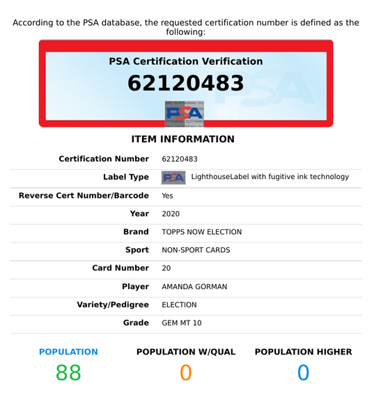 2020 TOPPS NOW AMANDA GORMAN #20 ELECTION INAUGURATION DAY PSA 10 GEM MT 62120483