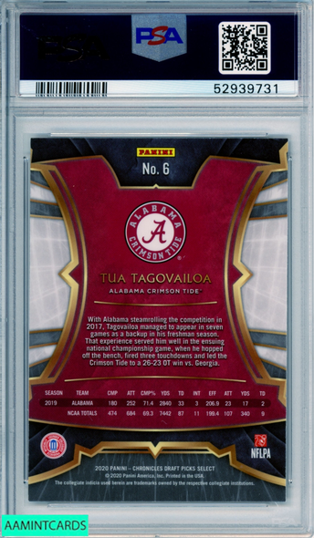 2020 PANINI CHRONICLES DRAFT PICKS TUA TAGOVAILOA #6 SELECT RC PSA 10 GEM MT 52939731