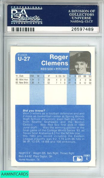 1984 FLEER UPDATE ROGER CLEMENS #U-27 ROOKIE BOSTON RED SOX PSA GEM MT 10 26597489