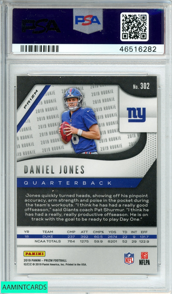 2019 PANINI PRIZM DANIEL JONES #302 LAZER PRIZM GIANTS ROOKIE RC PSA 10 GEM MT 46516282