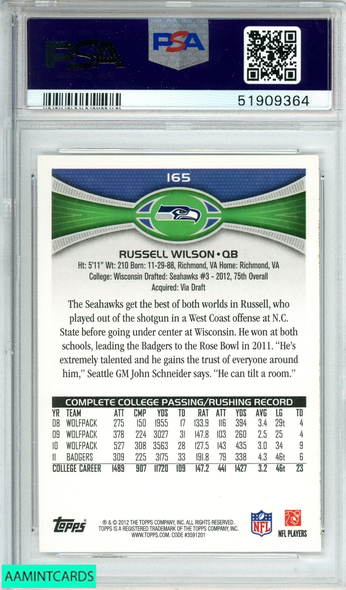 2012 TOPPS RUSSELL WILSON #165 PASSING-STANDS VISIBLE RC SEAHAWKS PSA 10 GEM MT 51909364