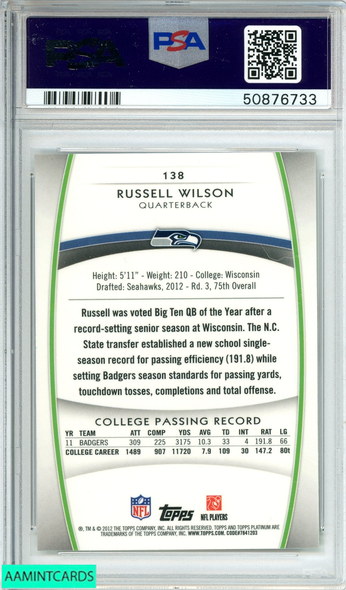 2012 TOPPS PLATINUM RUSSELL WILSON #138 ROOKIE SEAHAWKS RC PSA 10 GEM MT 50876733