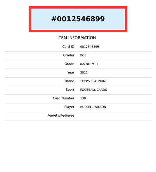 2012 TOPPS PLATINUM RUSSELL WILSON #138 RC BGS 8.5 0012546899
