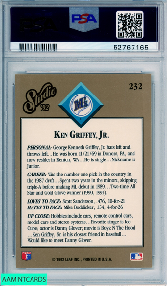 1992 DONRUSS KEN GRIFFEY JR #165 SEATTLE MARINERS HOF PSA 9 MINT 61876788 -  AA Mint Cards