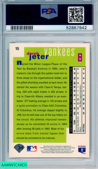1995 COLLECTORS CHOICE DEREK JETER #15 HOF NEW YORK YANKEES PSA 9 MINT 52867942