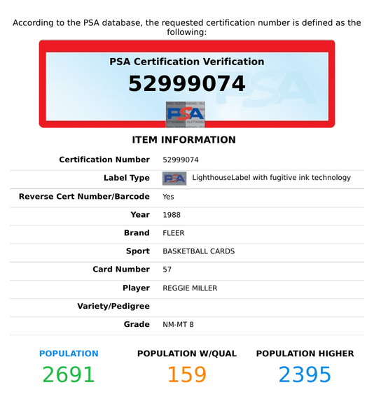 1988 FLEER REGGIE MILLER #57 INDIANA PACERS HOF ROOKIE RC PSA 8 NM-MT 52999074