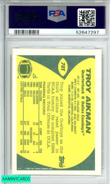 1989 TOPPS TRADED TROY AIKMAN #70T DALLAS COWBOYS ROOKIE RC PSA 9 MINT 52647297