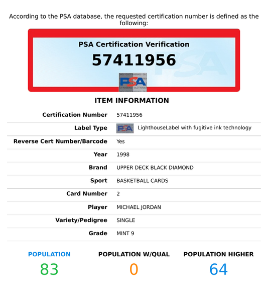 1998 UPPER DECK BLACK DIAMOND MICHAEL JORDAN #2 SINGLE HOF CHICAGO BULLS PSA 9 57411956