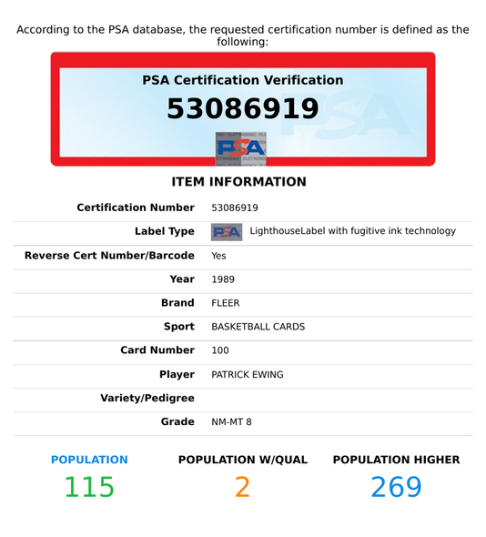 1989 FLEER PATRICK EWING #100 HOF NEW YORK KNICKS PSA 8 NM-MT 53086919