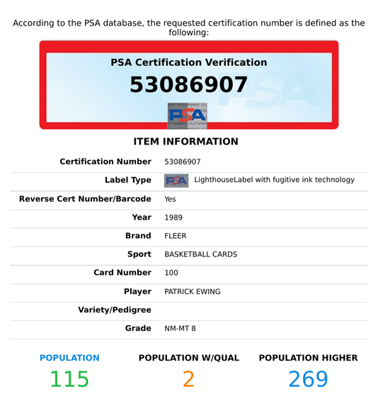 1989 FLEER PATRICK EWING #100 HOF NEW YORK KNICKS PSA 8 NM-MT 53086907