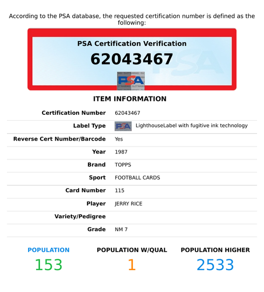 1987 TOPPS JERRY RICE #115 SAN FRANCISCO 49ERS HOF PSA 7 NM 62043467