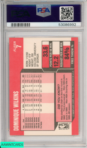 1989 FLEER DOMINIQUE WILKINS #7 HOF ATLANTA HAWKS PSA 9 MINT 53086992