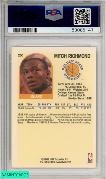1989 HOOPS MITCH RICHMOND #260 GOLDEN STATE WARRIORS ROOKIE RC HOF PSA 8 NM-MT 53085147
