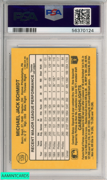 1987 DONRUSS MIKE SCHMIDT #139 PHILADELPHIA PHILLIES HOF PSA 9 MINT 56370124