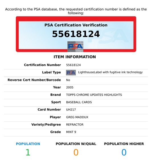 2005 TOPPS CHROME UPDATES HIGHLIGHTS GREG MADDUX UH217 REFRACTOR PSA 9 MINT POP1 55618124