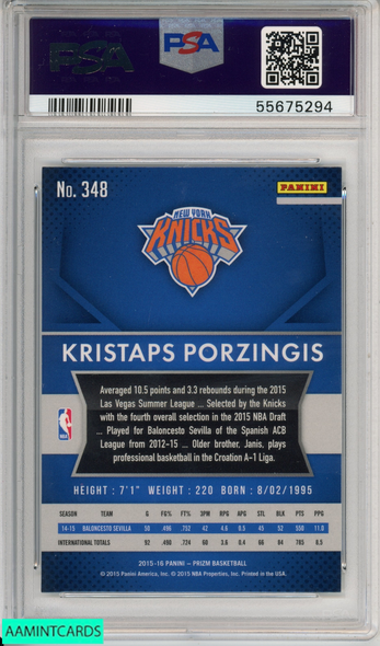 2015 PANINI PRIZM KRISTAPS PORZINGIS #348 ROOKIE NEW YORK KNICKS RC PSA 9 MINT 55675294