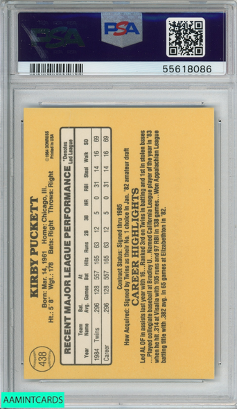 1985 DONRUSS KIRBY PUCKETT #438 ROOKIE RC MINNESOTA TWINS HOF PSA 9 MINT 55618086