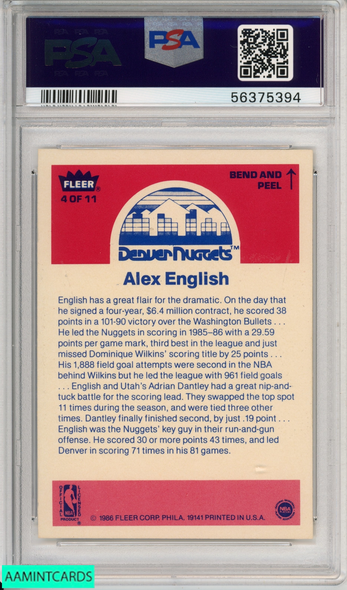 1986 FLEER STICKER ALEX ENGLISH #4 DENVER NUGGETS PSA 8 NM-MT (ST) 56375394