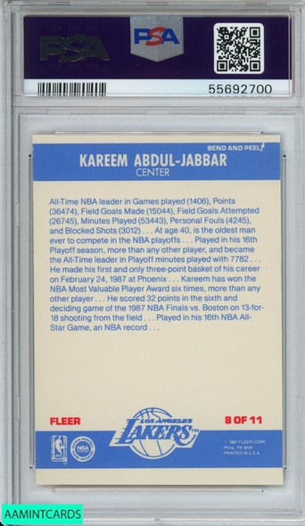 1987 FLEER STICKER KAREEM ABDUL-JABBAR #8 LOS ANGELES LAKERS HOF PSA 7 NM 55692700