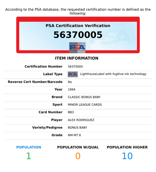 1994 CLASSIC ALEX RODRIGUEZ #BB3 BONUS BABY 946 OF 9994 ROOKIE RC PSA 8 NM-MT 56370005