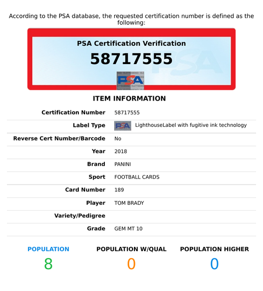 2018 PANINI TOM BRADY #189 NEW ENGLAND PATRIOTS PSA 10 GEM MT 58717555