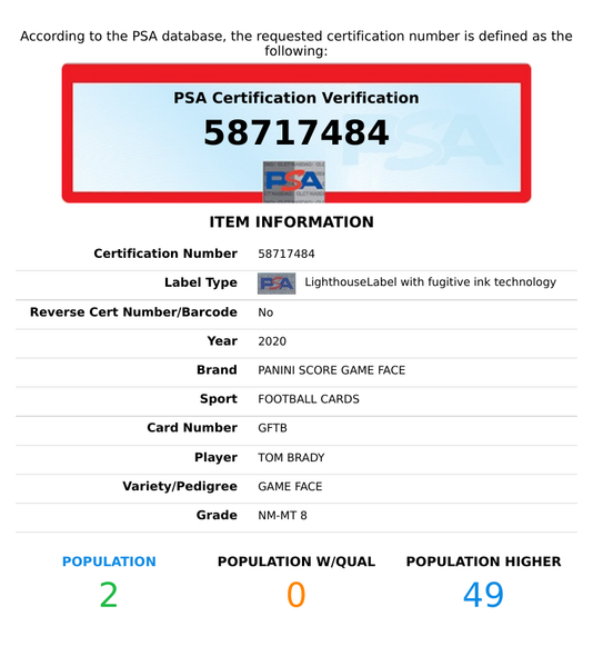 2020 PANINI SCORE TOM BRADY #GFTB GAME FACE NEW ENGLAND PATRIOTS PSA 8 NM-MT 58717484