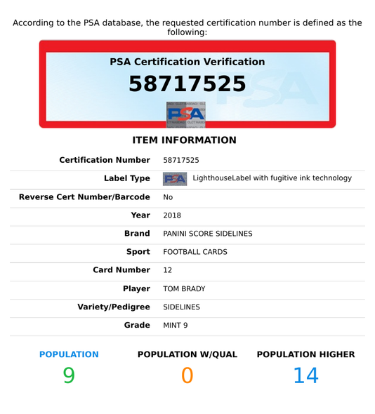 2018 PANINI SCORE SIDELINES TOM BRADY #12 NEW ENGLAND PATRIOTS PSA 9 MINT 58717525
