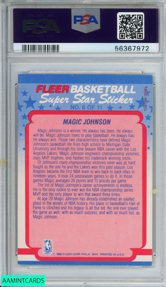 1988 FLEER STICKER MAGIC JOHNSON #6 LOS ANGELES LAKERS HOF PSA 6 EX-MT (ST) 56367972