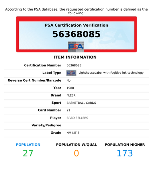 1988 FLEER BRAD SELLERS #21 ROOKIE RC CHICAGO BULLS PSA 8 NM-MT 56368085
