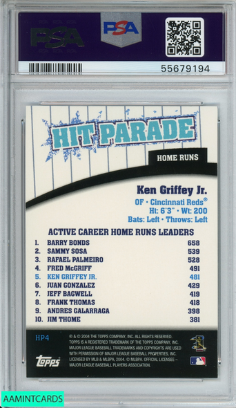 2004 TOPPS HIT PARADE KEN GRIFFEY JR #HP4 CINCINNATI REDS HOF PSA 8 NM-MT 55679194