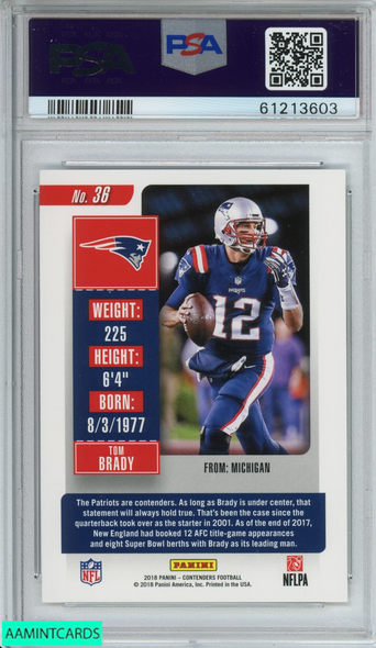 2018 PANINI CONTENDERS TOM BRADY #36 NEW ENGLAND PATRIOTS PSA 10 GEM MT 61213603