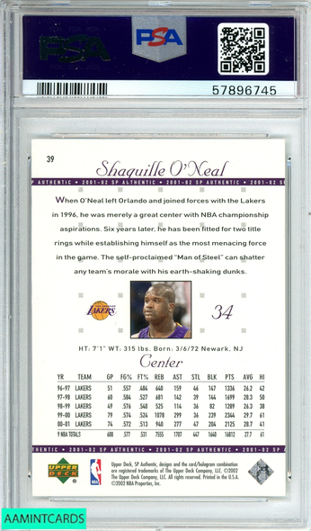 2001 SP AUTHENTIC SHAQUILLE O NEAL #39 LOS ANGELES LAKERS HOF PSA 10 GEM MT 57896745