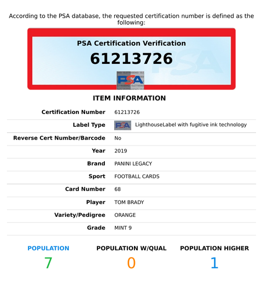 2019 PANINI LEGACY TOM BRADY #68 ORANGE 122 OF 199 PATRIOTS PSA 9 MINT 61213726
