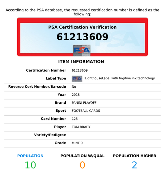 2018 PANINI PLAYOFF TOM BRADY #125 NEW ENGLAND PATRIOTS PSA 9 MINT 61213609