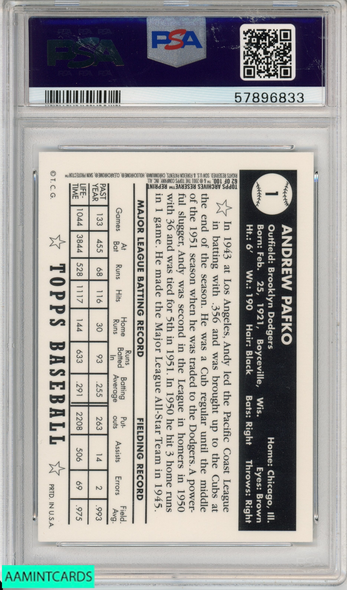 2001 TOPPS ARCHIVES RESERVE ANDY PAFKO #62 1952 TOPPS REPRINT DODGERS PSA 10 57896833