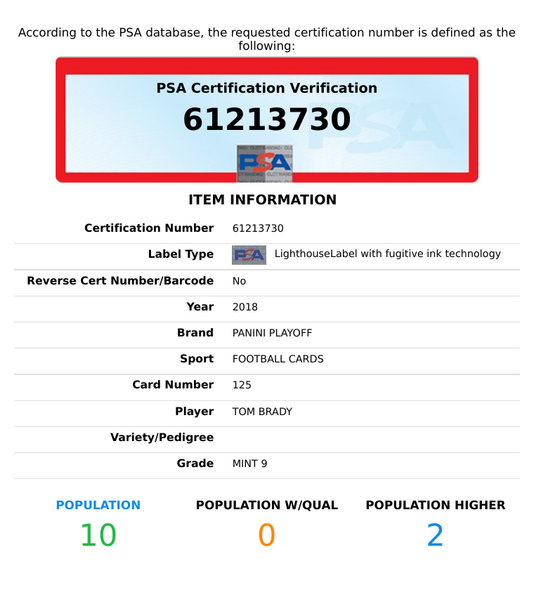 2018 PANINI PLAYOFF TOM BRADY #125 NEW ENGLAND PATRIOTS PSA 9 MINT 61213730