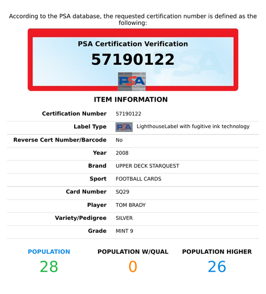2008 UPPER DECK STARQUEST TOM BRADY #SQ29 SILVER NEW ENGLAND PATRIOTS PSA 9 MINT 57190122