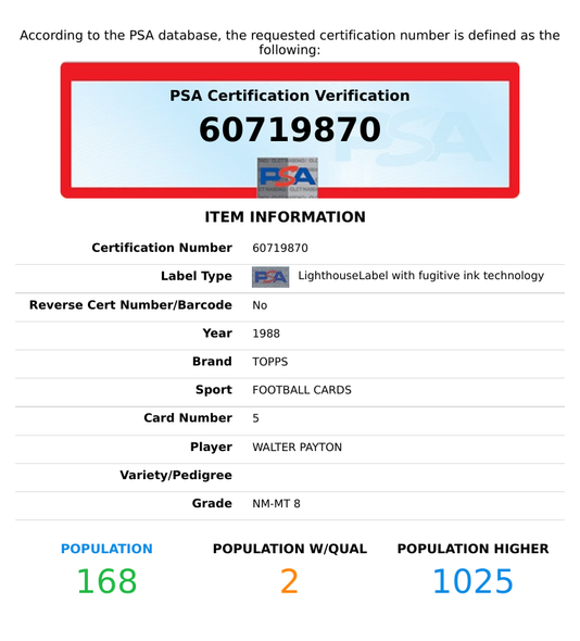 1988 TOPPS WALTER PAYTON #5 CHICAGO BEARS HOF PSA 8 NM-MT 60719870