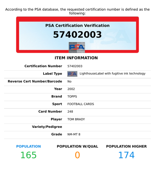 2002 TOPPS TOM BRADY #248 NEW ENGLAND PATRIOTS PSA 8 NM-MT 57402003