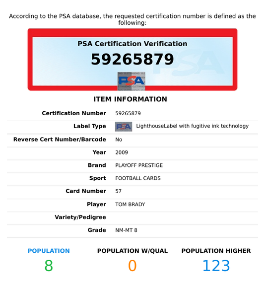 2009 PLAYOFF PRESTIGE TOM BRADY #57 NEW ENGLAND PATRIOTS PSA 8 NM-MT 59265879
